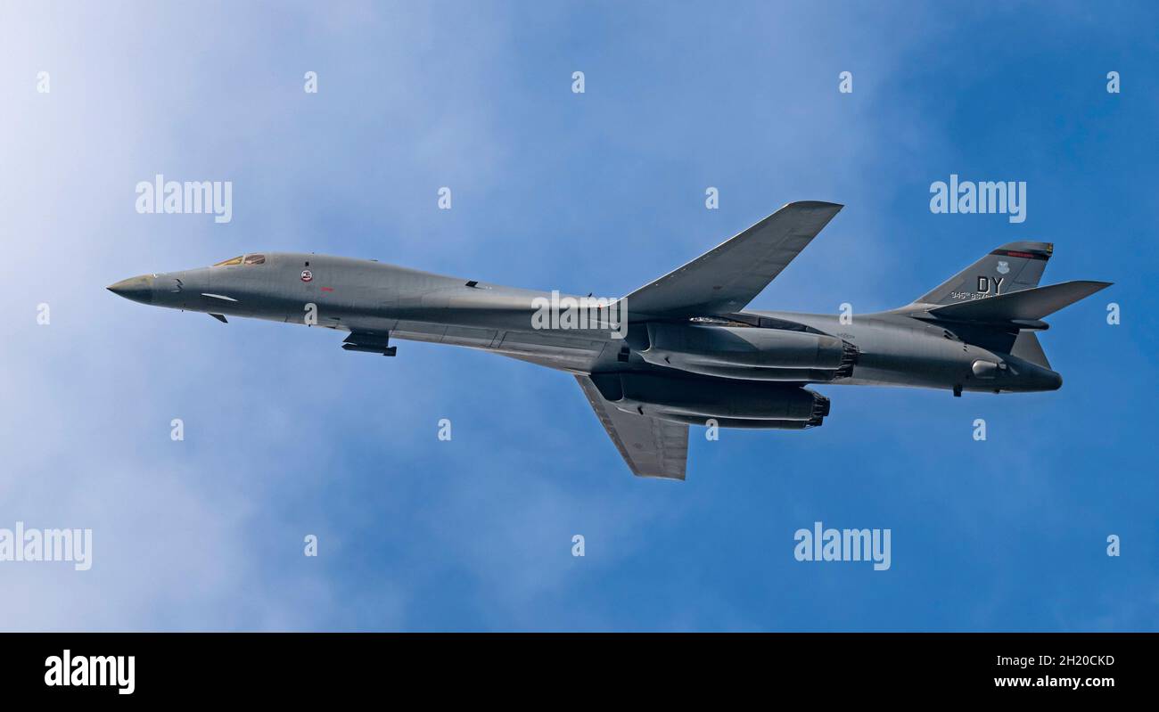 B1 aeromobili Lancer schierati da Dyess, AFB, a Fairford come parte della Bomber Task Force Europe. Gli B1 appartengono allo Squadrone della bomba Expeditionary del 9th Foto Stock