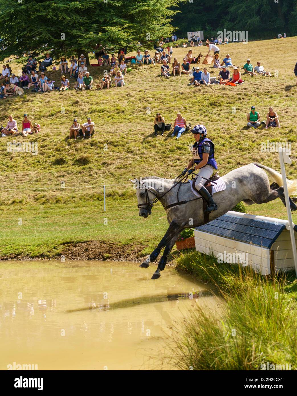 Cavallo e pilota che prende il corso di cross country e salta d'acqua in un'evocante competizione a Gloucestershire, Regno Unito, nel 2018. Foto Stock