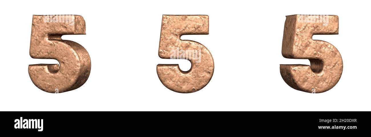 Numero 5 (cinque) dal set di raccolta Copper Numbers. Isolato. Rendering 3D Foto Stock