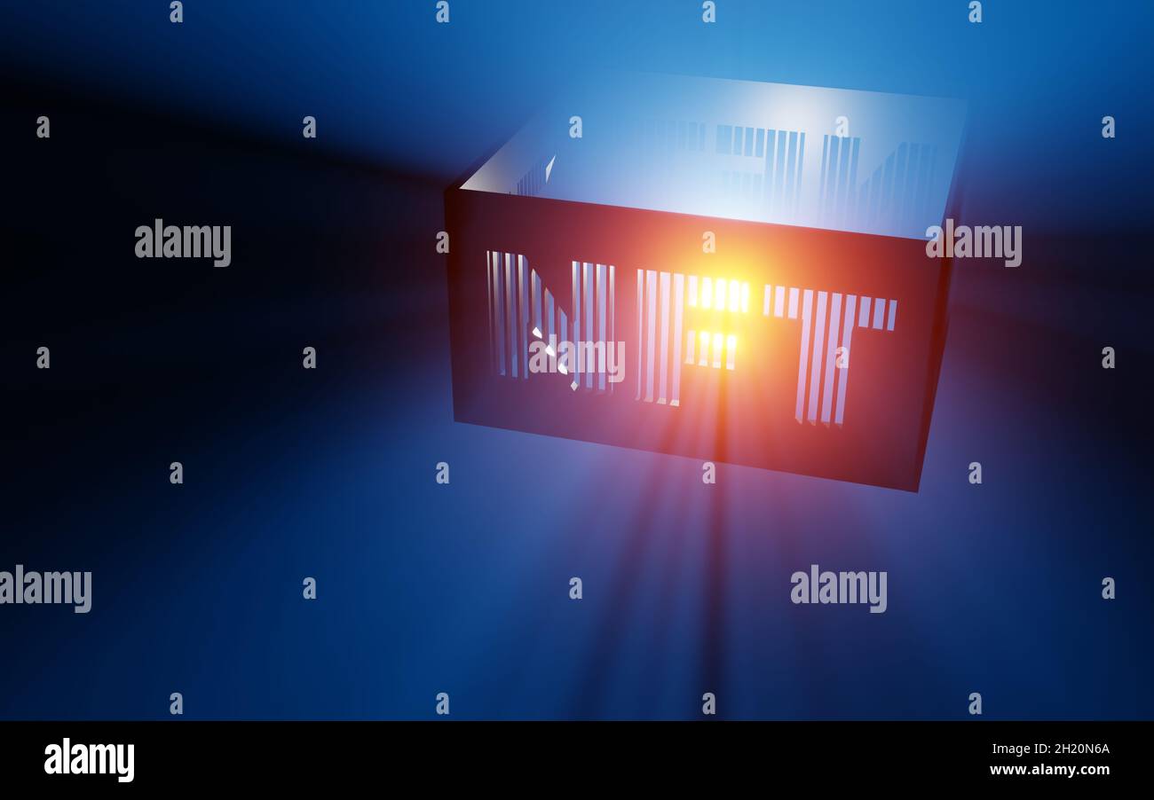 NFT abbreviazione di lampada galleggiante con paralume e raggi di luce su blu. Rendering 3D simbolo token non-fungibile. Foto Stock