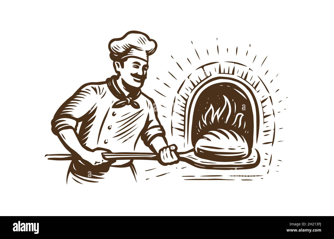 Panettiere che tiene la teglia in forno a legna. Illustrazione vettoriale in stile retrò Illustrazione Vettoriale