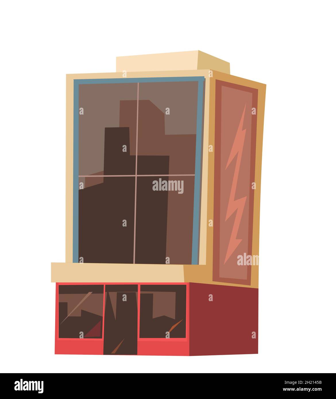 Edificio in vetro cittadino. Cartone animato divertente stile piatto. Isolato su sfondo bianco. Supermercato, negozio o ufficio del centro affari. Vettore. Illustrazione Vettoriale