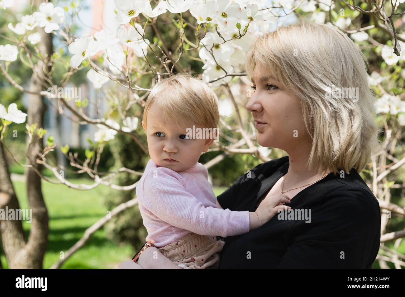 Una madre tiene la figlia tra le braccia sullo sfondo di alberi fioriti in un parco primaverile Foto Stock