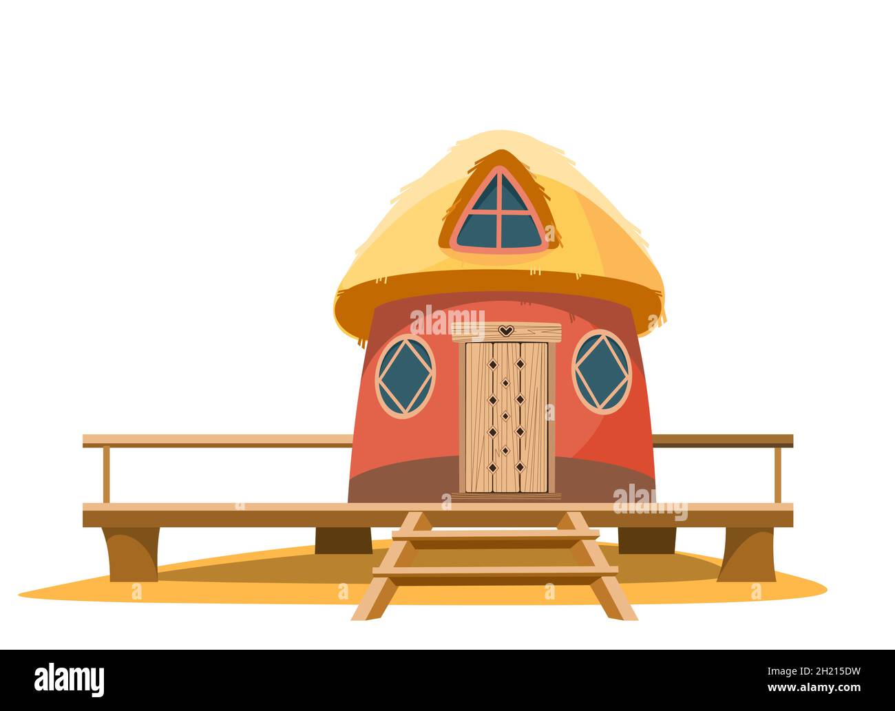 Bungalow spiaggia. Esterno dell'edificio. Casa nella natura. Realizzato con materiali da costruzione tradizionali. Una capanna sulla sabbia costiera. Vista frontale. Vettore. Illustrazione Vettoriale