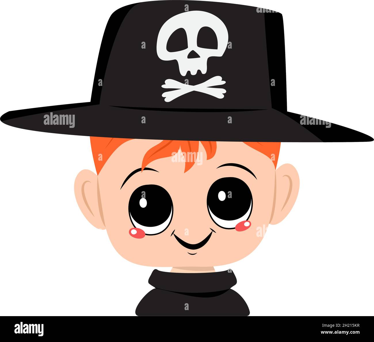 Ragazzo con capelli rossi, occhi grandi e ampio sorriso felice indossare cappello con cranio. Bambino con volto gioioso. Decorazione di festa di Halloween Illustrazione Vettoriale