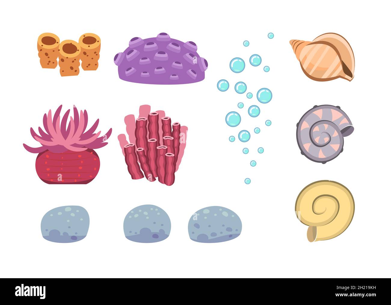 Set di oggetti marini: Coralli, piante, conchiglie, alghe e bolle. Sott'acqua. Acquario o mare. Acqua estiva. Isolato su sfondo bianco Illustrazione Vettoriale