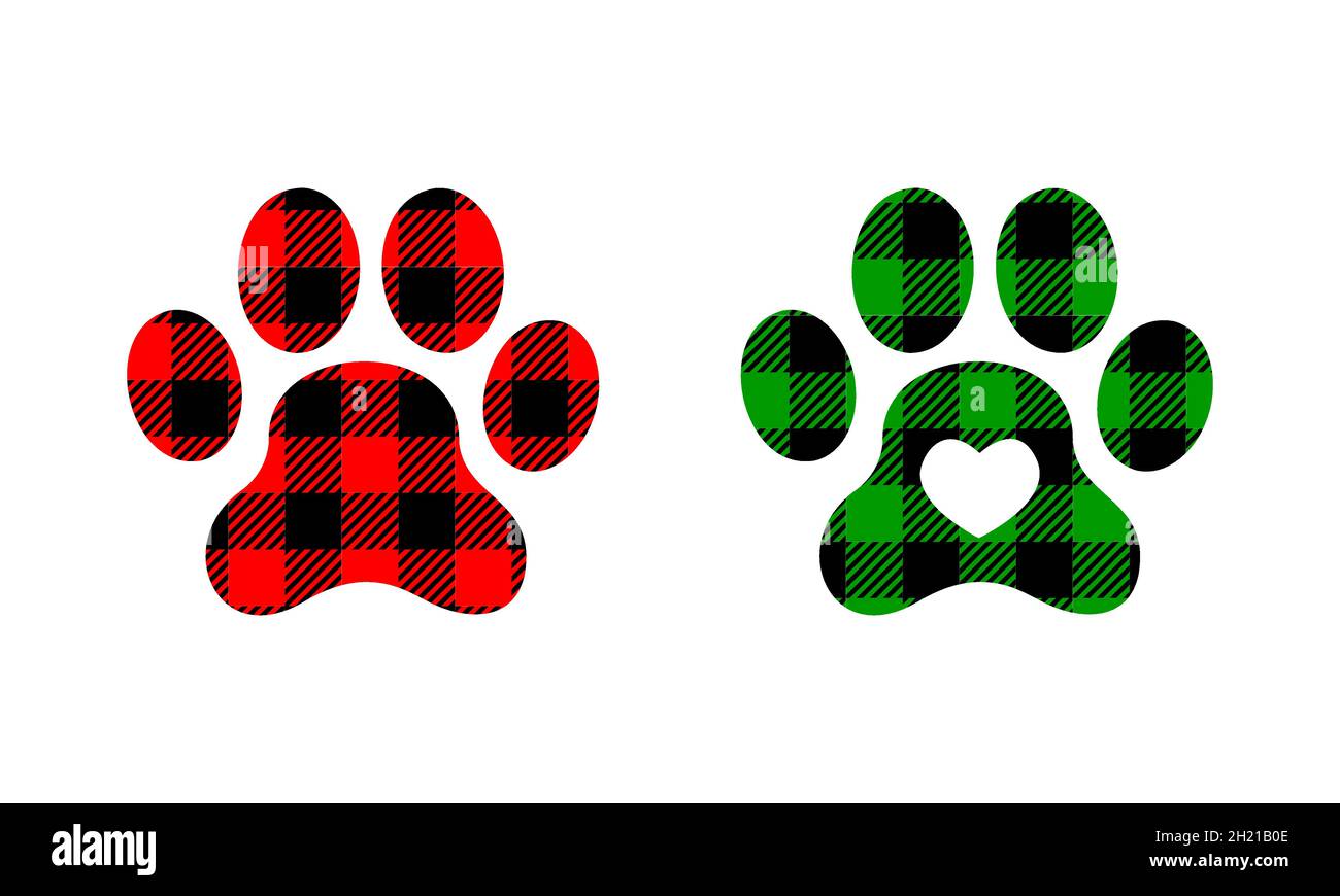 Silhouette di zampa di cane con motivi di bufala di Natale. Impronte canine con stampa a scacchi Gingham. Illustrazione piatta vettoriale. Illustrazione Vettoriale