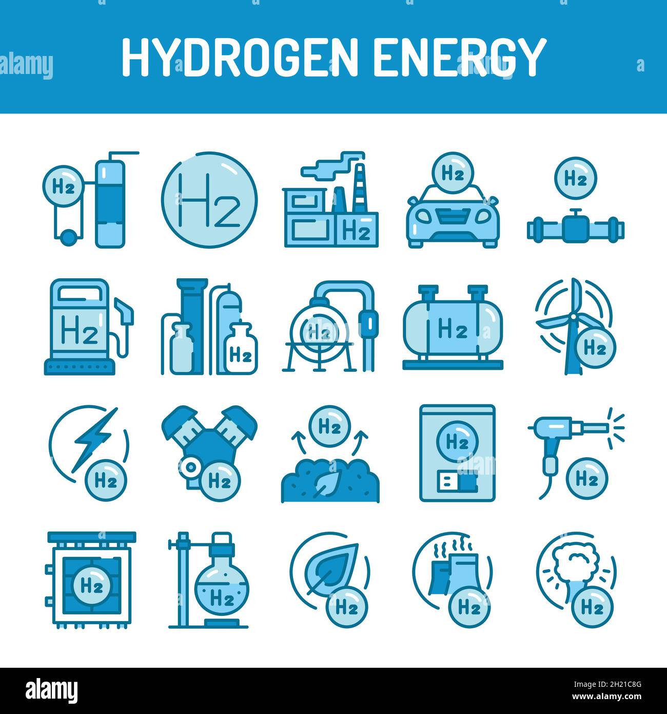 Icone della linea di energia idrogeno impostate. Elemento vettoriale isolato. Delineare i pittogrammi per la pagina Web, l'app mobile, la promozione. Illustrazione Vettoriale