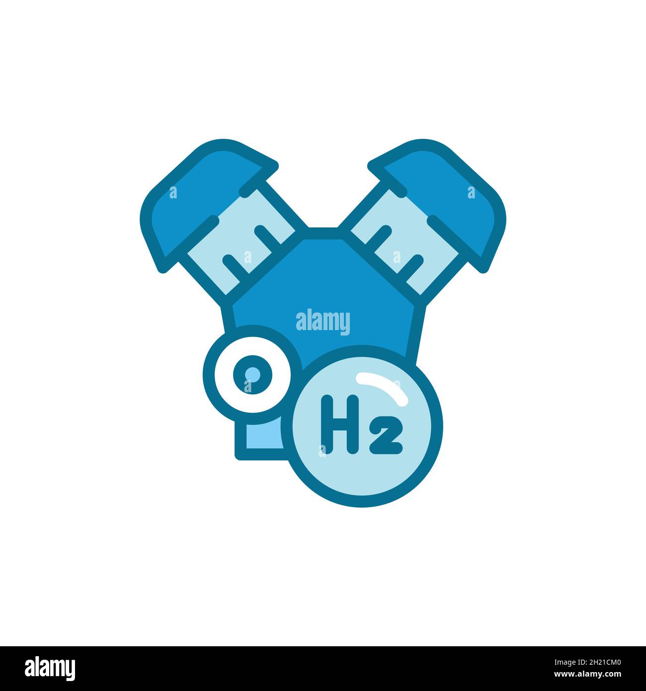 Icona della linea di colore H2 del motore per il trasporto. Energia di idrogeno. Elemento vettoriale isolato. Pittogramma a contorno per pagina web, app mobile, promo Illustrazione Vettoriale