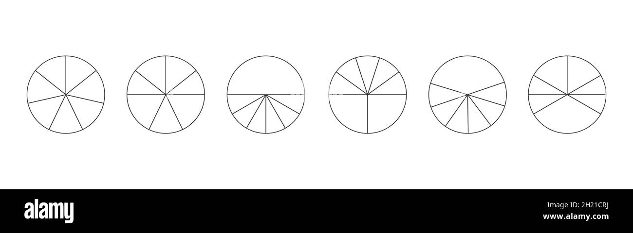 Contorni circoli divisi in 7 segmenti isolati su sfondo bianco. Forme rotonde a torta o pizza tagliate in sette fette diverse. Semplici esempi di infografica statistica. Illustrazione lineare vettoriale. Illustrazione Vettoriale