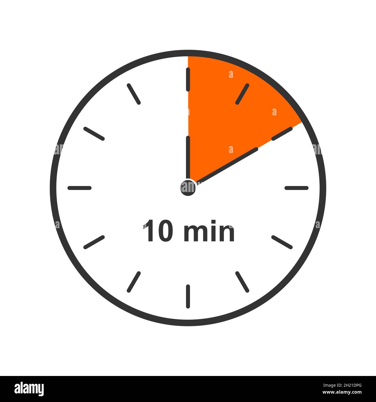 Icona orologio con intervallo di tempo di 10 minuti. Timer conto alla  rovescia o simbolo del cronometro isolato su sfondo bianco. Elemento  infografico per la cucina o il gioco sportivo. Illustrazione piatta