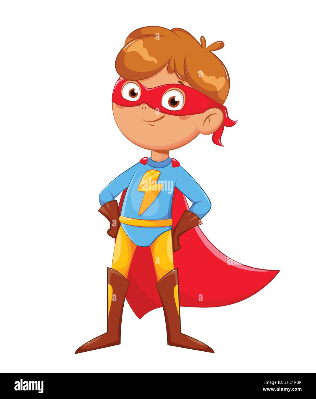 Ragazzo in costume da supereroe. Ragazzo allegro come super eroe. Carino personaggio cartoon. Illustrazione del vettore di scorta su sfondo bianco Illustrazione Vettoriale