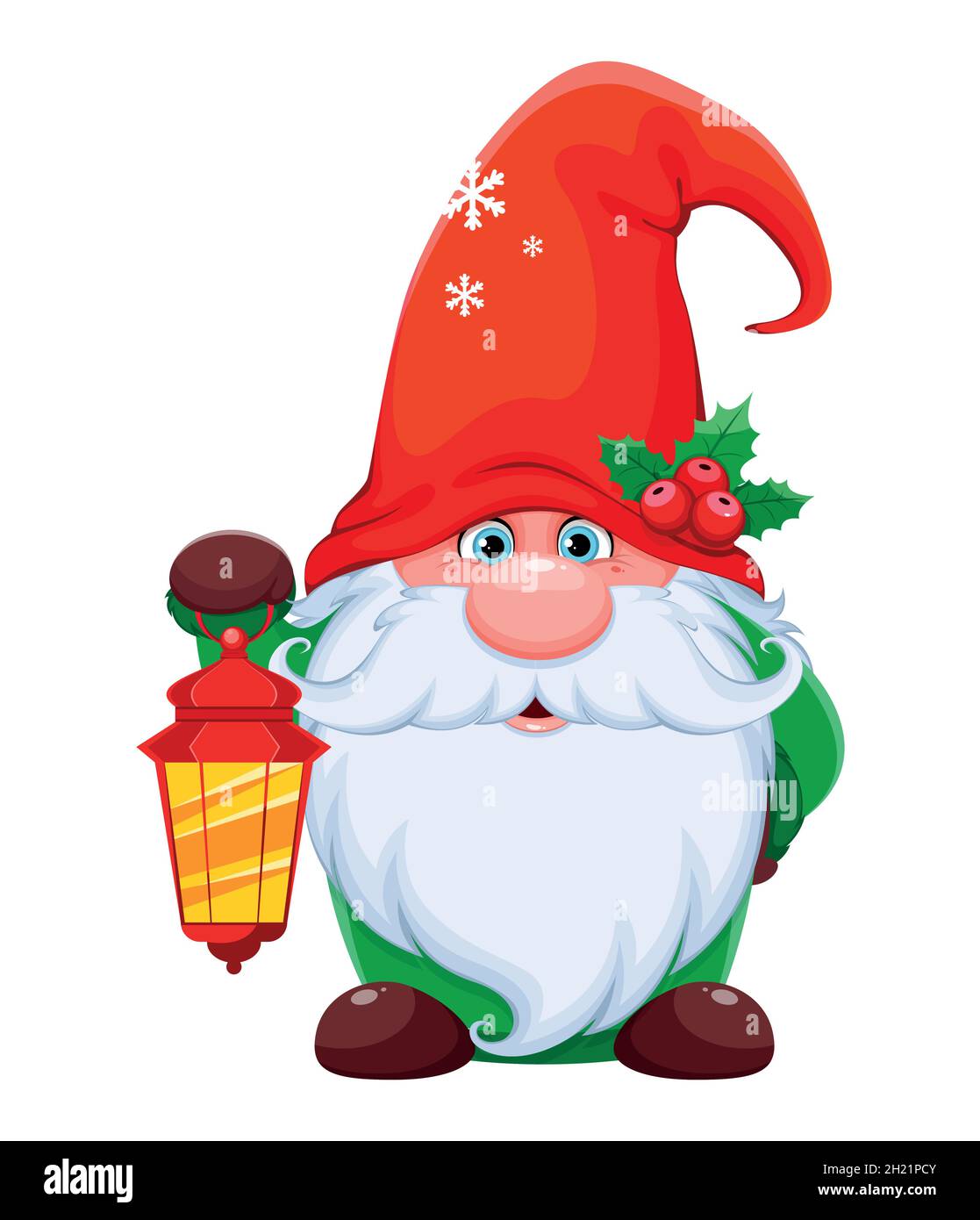 Divertente gnome che tiene lanterna. Nana carina nel personaggio cartoon rosso cappello. Buon Natale e buon anno biglietto di auguri. Illustrazione del vettore di scorta Illustrazione Vettoriale