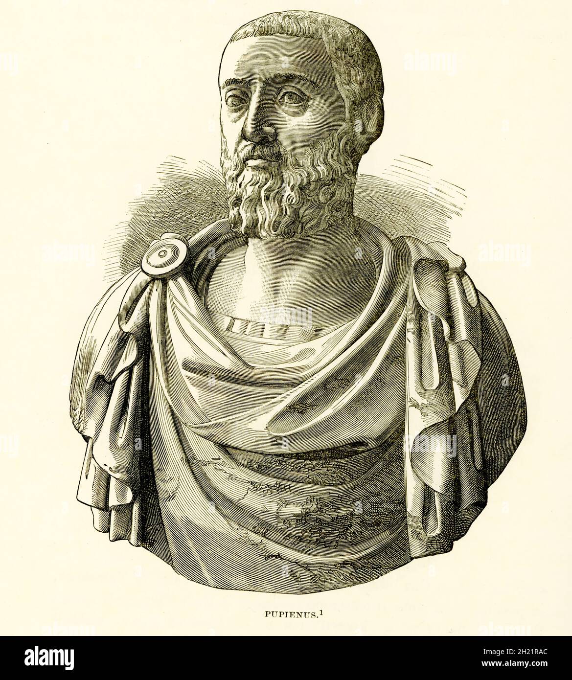 Marcus Clodius Pupienus Maximus (c. 168–238) fu imperatore romano con Balbino per tre mesi nel 238, durante l'anno dei sei imperatori, il cui busto è ospitato nel Louvre di Parigi. Foto Stock