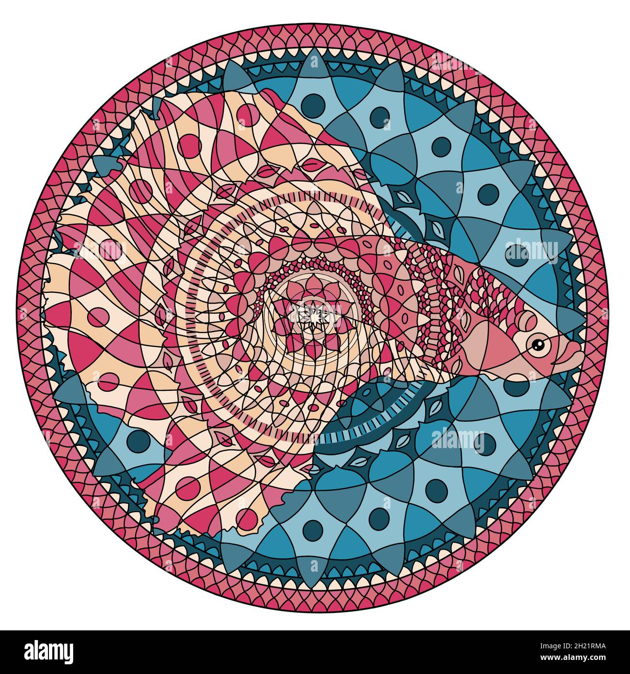 Rosa e turchese mandala sfondo. I pesci psichedelici nuotano in acqua caleidoscopica. Foto Stock