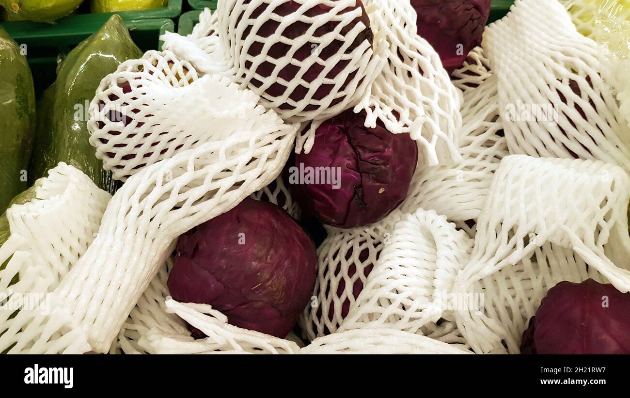 Cavolo viola avvolto in schiuma bianca Foto Stock