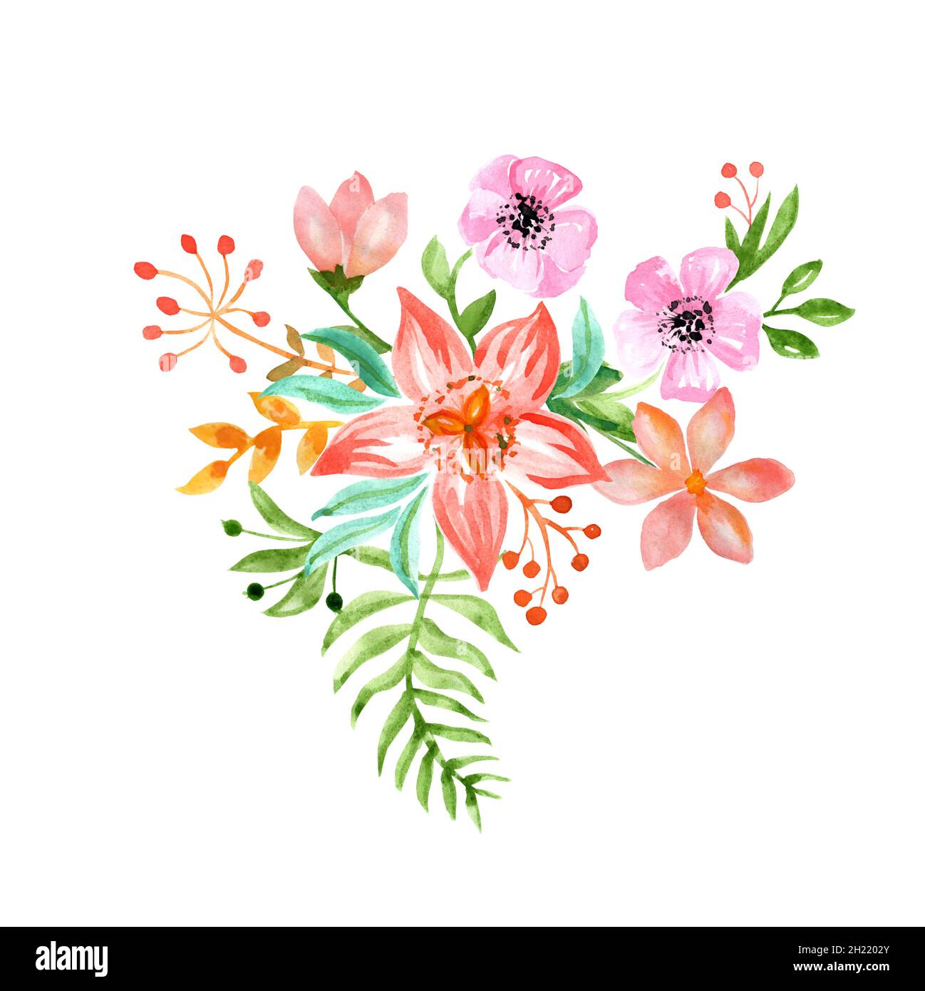 Piccoli bouquet di nozze di semplici fiori acquerelli, foglie, gemme e ramoscelli. Fiori di compleanno felice. Gli elementi sono isolati e modificabili. Foto Stock
