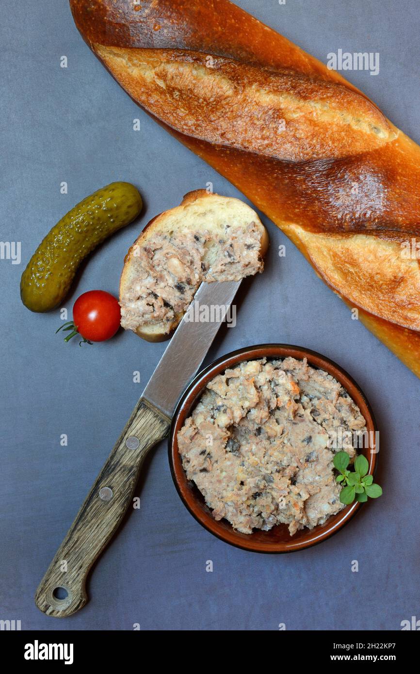 Una ciotola di terrina di carne e fetta di pane, Francia Foto Stock