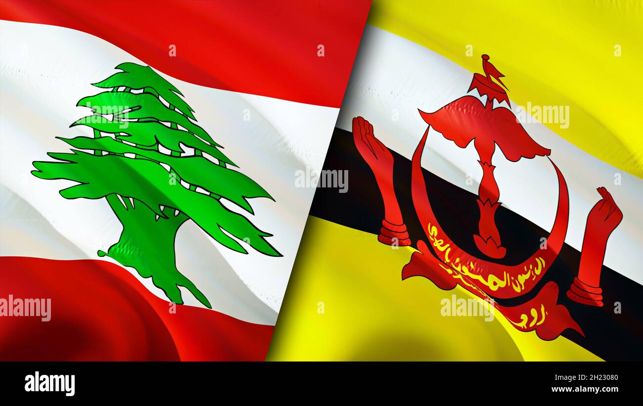 Bandiere del Libano e del Brunei. Progettazione di bandiere ondulate 3D. Libano bandiera Brunei, foto, carta da parati. Immagine Libano vs Brunei, rendering 3D. Libano Brunei relatio Foto Stock