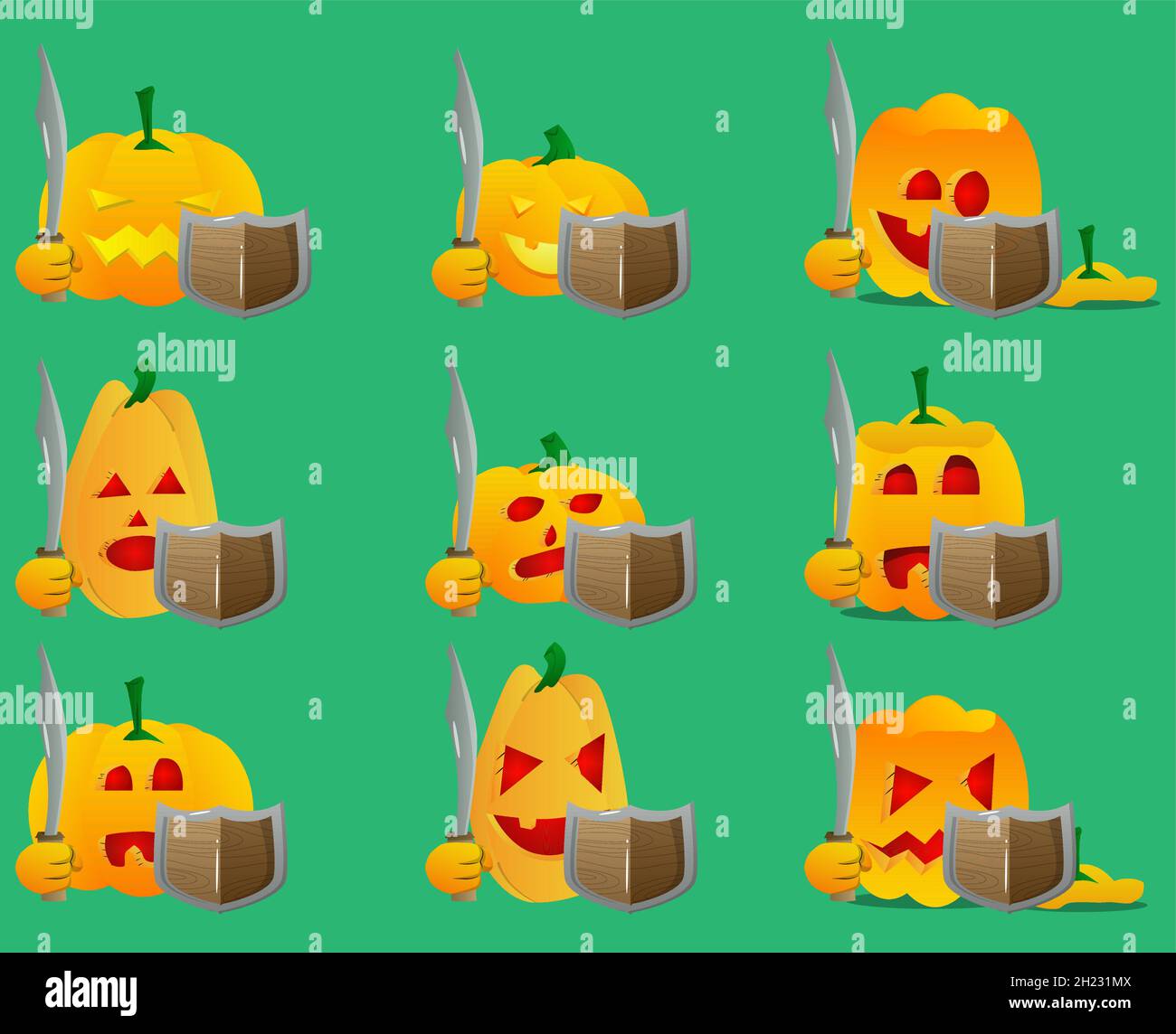 Zucca decorativa per Halloween che tiene una spada e scudo come un personaggio cartone animato con il volto. Illustrazione vettoriale. Illustrazione Vettoriale