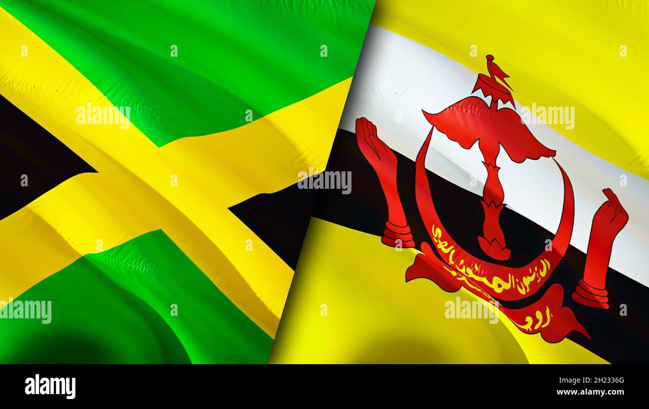 Bandiere Giamaica e Brunei. Progettazione di bandiere ondulate 3D. Giamaica bandiera Brunei, foto, carta da parati. Immagine Giamaica vs Brunei, rendering 3D. Giamaica Brunei relatio Foto Stock