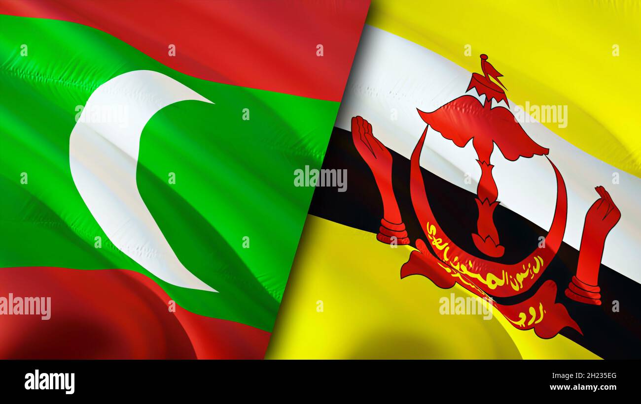 Bandiere Maldive e Brunei. Progettazione di bandiere ondulate 3D. Maldive Brunei bandiera, foto, sfondo. Immagine Maldive vs Brunei, rendering 3D. Maldive Brunei rel Foto Stock