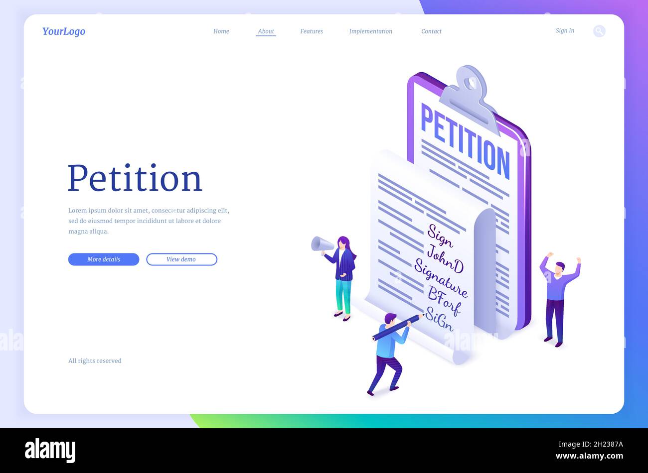 Banner di petizione. Concetto di documento con reclamo o appello, agitazione per richiesta di segno. Landing page vettoriale con illustrazione isometrica delle persone e petizione con firma negli appunti Illustrazione Vettoriale