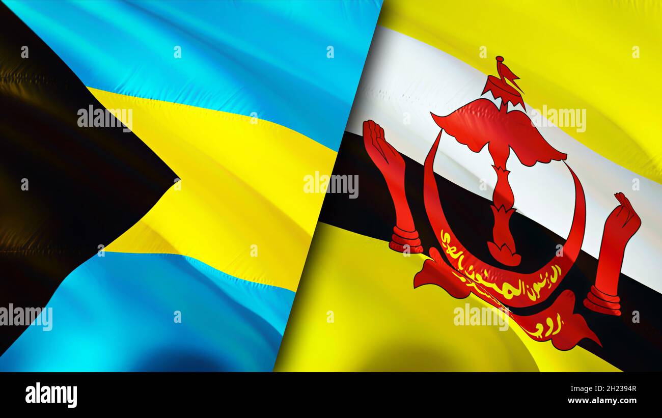 Bandiere Bahamas e Brunei. Progettazione di bandiere ondulate 3D. Bahamas Brunei bandiera, foto, carta da parati. Immagini Bahamas vs Brunei, rendering 3D. Bahamas Brunei relatio Foto Stock