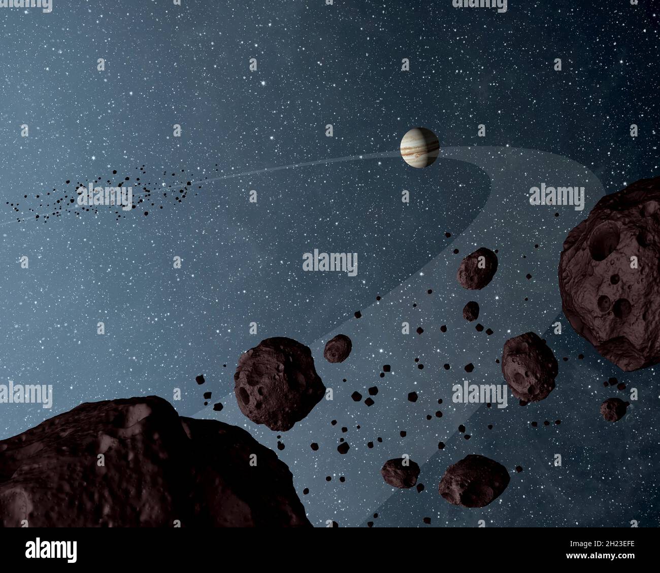 L'impressione dell'artista dei cosiddetti Asteroidi troiani - che si ritiene siano alcuni degli asteroidi più antichi del sistema solare, sono stati disegnati dentro Foto Stock