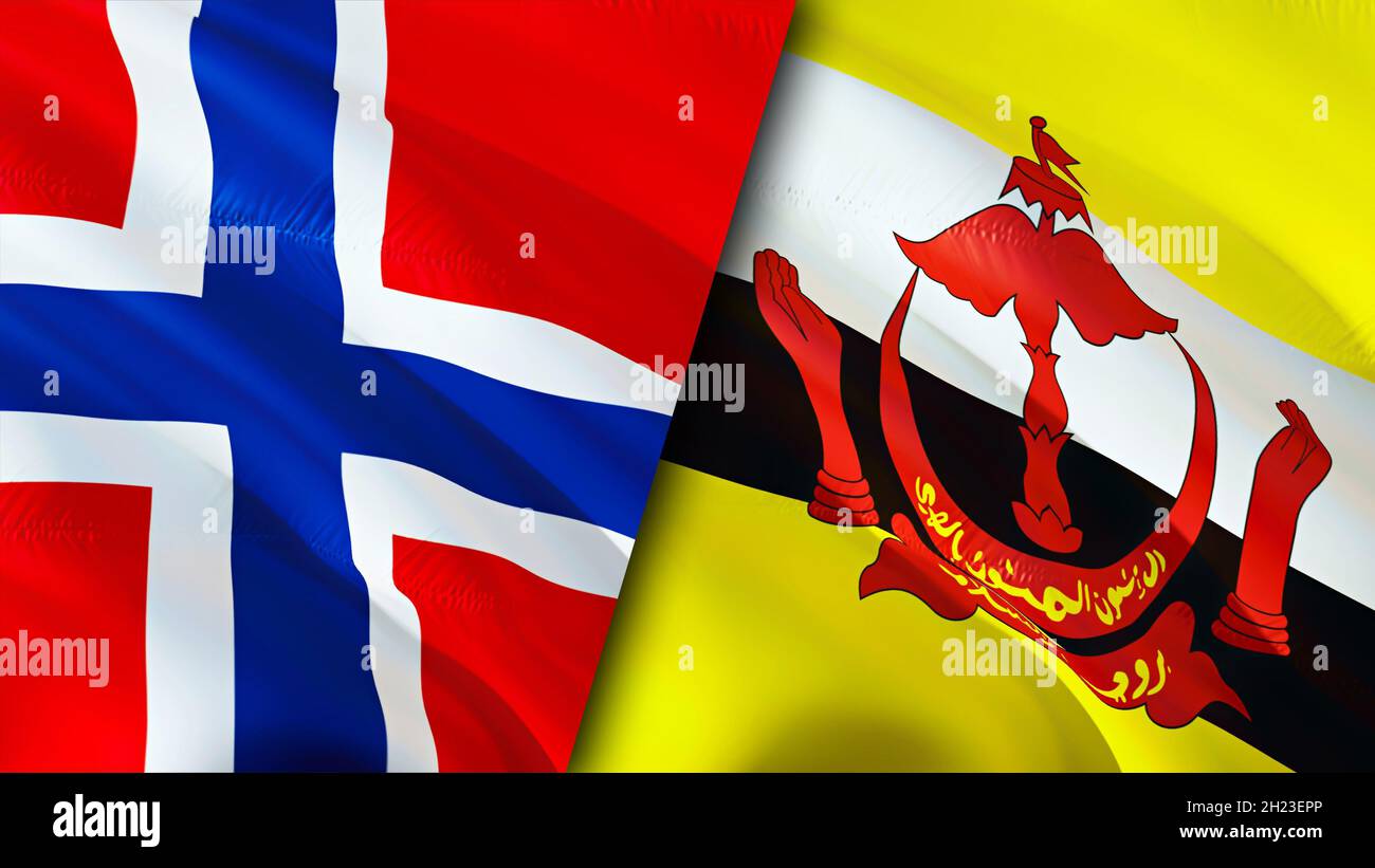 Bandiere di Norvegia e Brunei. Progettazione di bandiere ondulate 3D. Norvegia bandiera Brunei, foto, carta da parati. Norvegia vs immagine Brunei,rendering 3D. Norvegia Brunei relazioni a Foto Stock