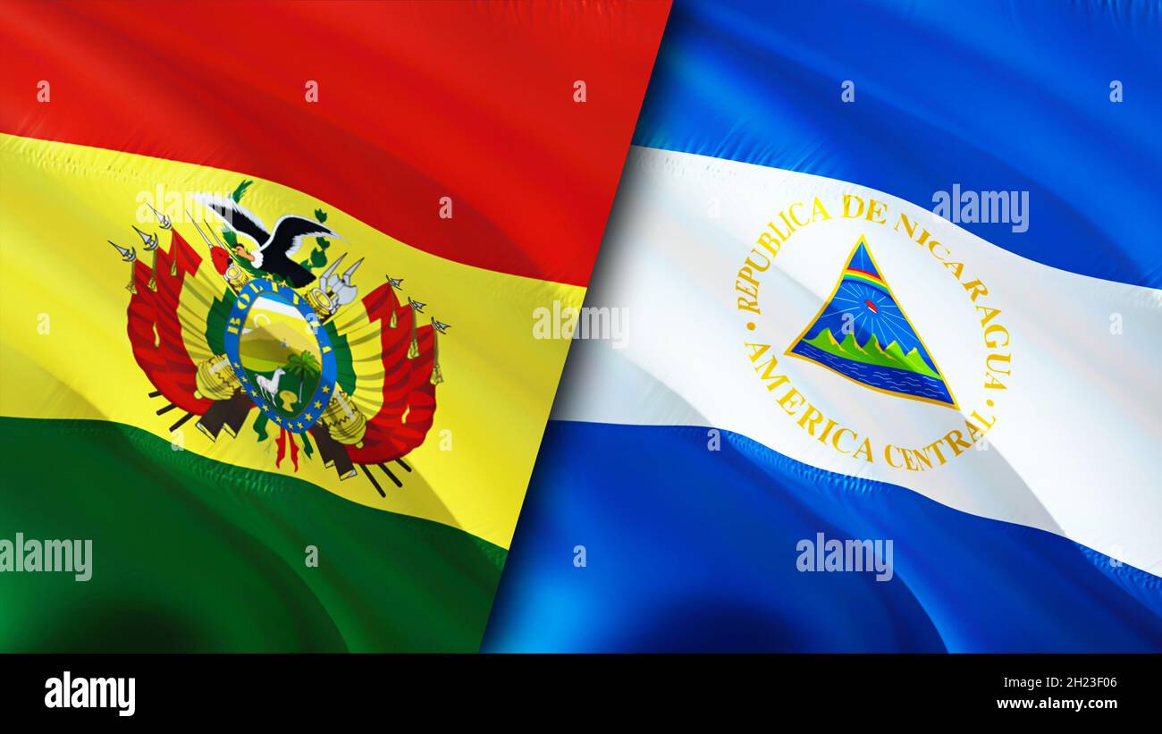 Bandiere della Bolivia e del Nicaragua. Progettazione di bandiere ondulate 3D. Nicaragua Bolivia bandiera, foto, carta da parati. Immagine Bolivia vs Nicaragua, rendering 3D. Bolivia Nicar Foto Stock
