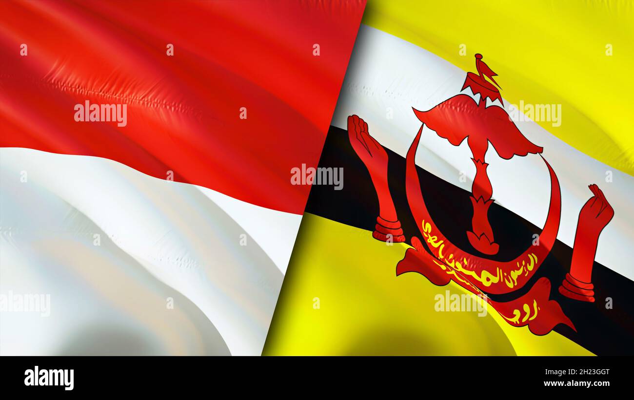 Bandiere indonesiane e Brunei. Progettazione di bandiere ondulate 3D. Indonesia bandiera Brunei, foto, carta da parati. Indonesia vs. Immagine Brunei,rendering 3D. Indonesia Brunei Foto Stock