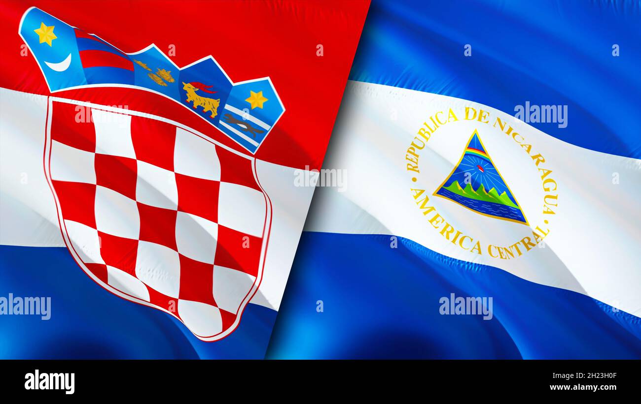 Bandiere di Croazia e Nicaragua. Progettazione di bandiere ondulate 3D. Nicaragua Croazia bandiera, foto, carta da parati. Immagine Croazia vs Nicaragua, rendering 3D. Croazia Nicar Foto Stock