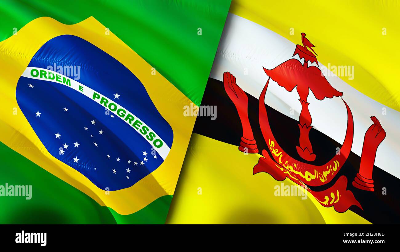 Bandiere del Brasile e del Brunei. Progettazione di bandiere ondulate 3D. Brasile Brunei bandiera, foto, carta da parati. Immagine Brasile vs Brunei, rendering 3D. Brasile Brunei relazioni w Foto Stock