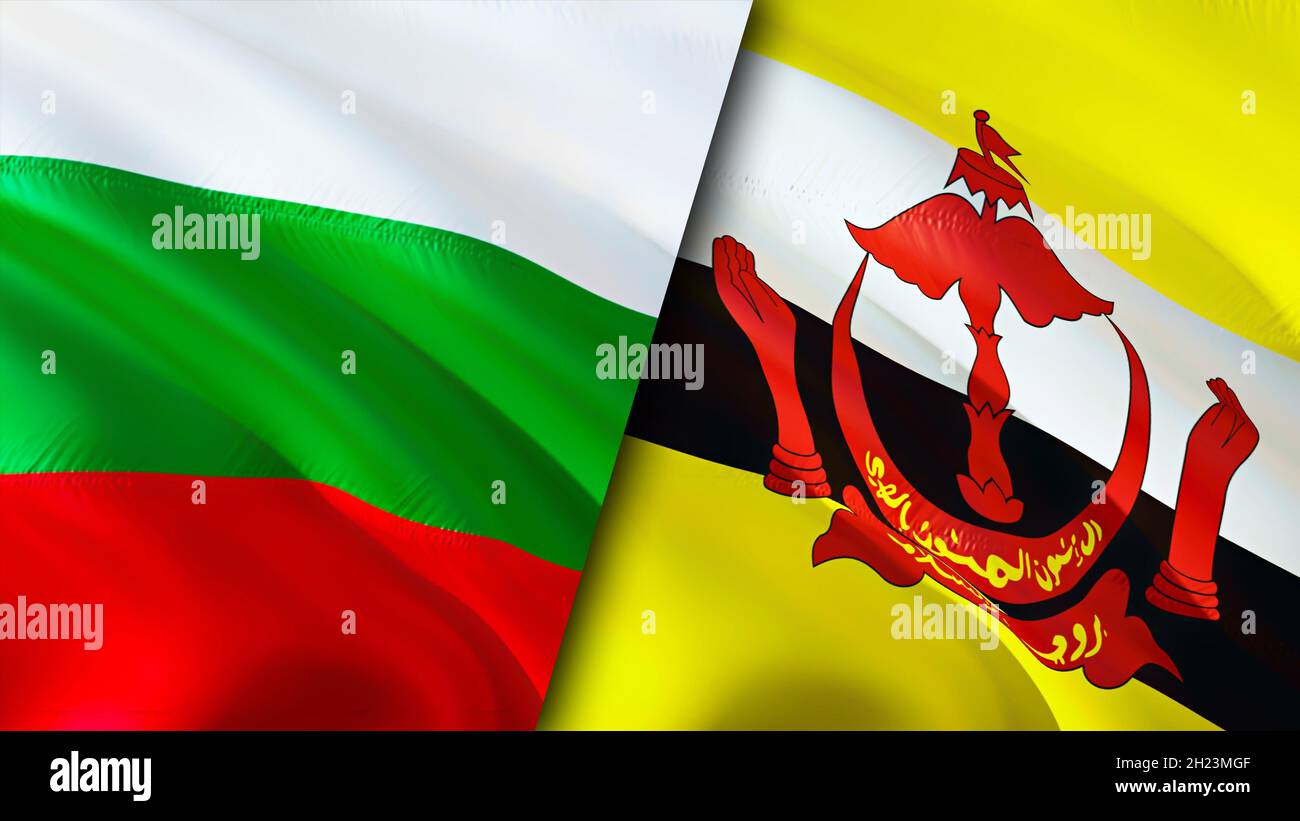Bandiere di Bulgaria e Brunei. Progettazione di bandiere ondulate 3D. Bulgaria bandiera Brunei, foto, carta da parati. Immagine Bulgaria vs Brunei, rendering 3D. Bulgaria Brunei rel Foto Stock