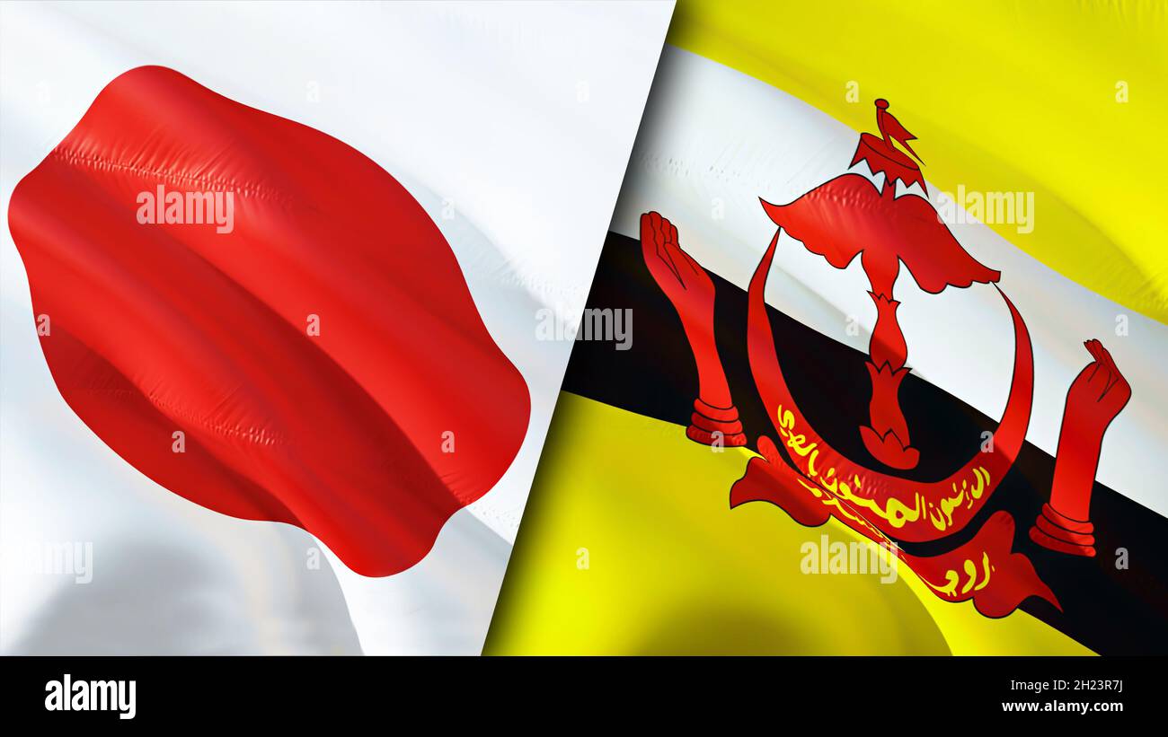 Bandiere del Giappone e del Brunei. Progettazione di bandiere ondulate 3D. Giappone bandiera Brunei, foto, carta da parati. Immagine Giappone vs Brunei,rendering 3D. Giappone Brunei relazioni allia Foto Stock