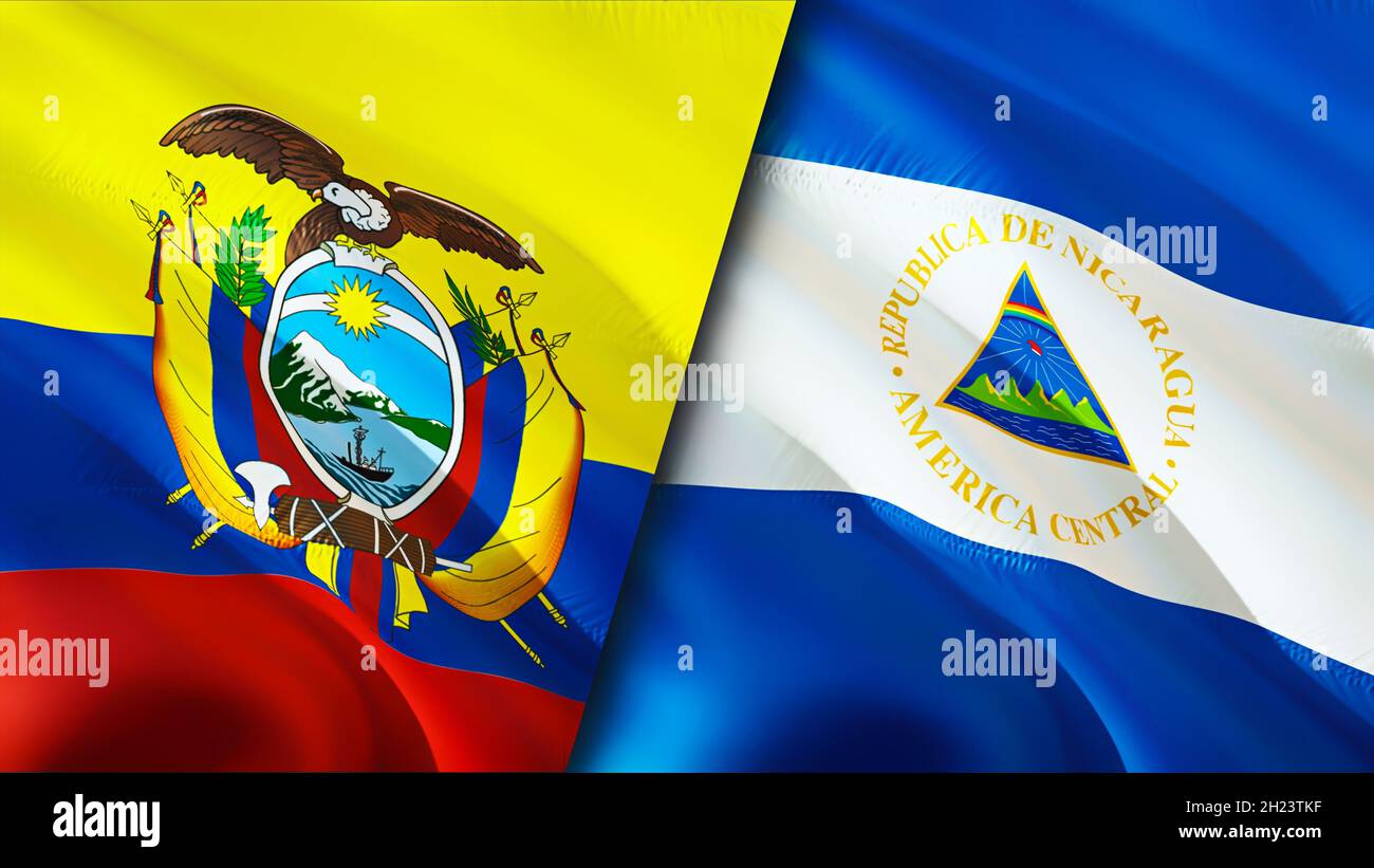 Bandiere dell'Ecuador e del Nicaragua. Progettazione di bandiere ondulate 3D. Ecuador Nicaragua bandiera, foto, carta da parati. Immagine Ecuador vs Nicaragua, rendering 3D. Ecuador Nicar Foto Stock