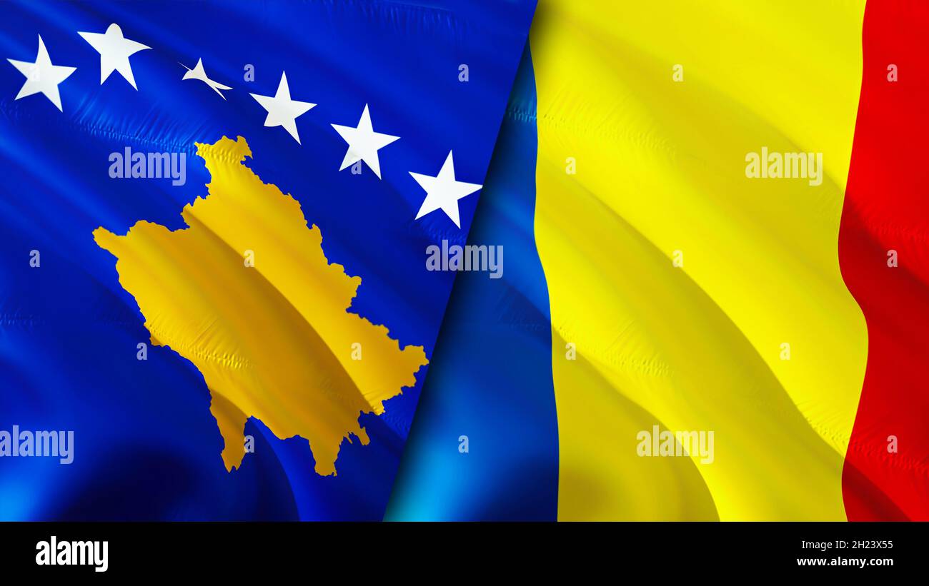 Bandiere del Kosovo e della Romania. Progettazione di bandiere ondulate 3D. Romania bandiera del Kosovo, foto, carta da parati. Immagine Kosovo vs Romania, rendering 3D. Kosovo Romania relatio Foto Stock