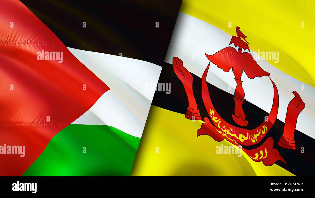 Bandiere Palestine e Brunei. Progettazione di bandiere ondulate 3D. Bandiera del Brunei della Palestina, foto, carta da parati. Immagine Palestine vs Brunei, rendering 3D. Palestina Brunei Foto Stock