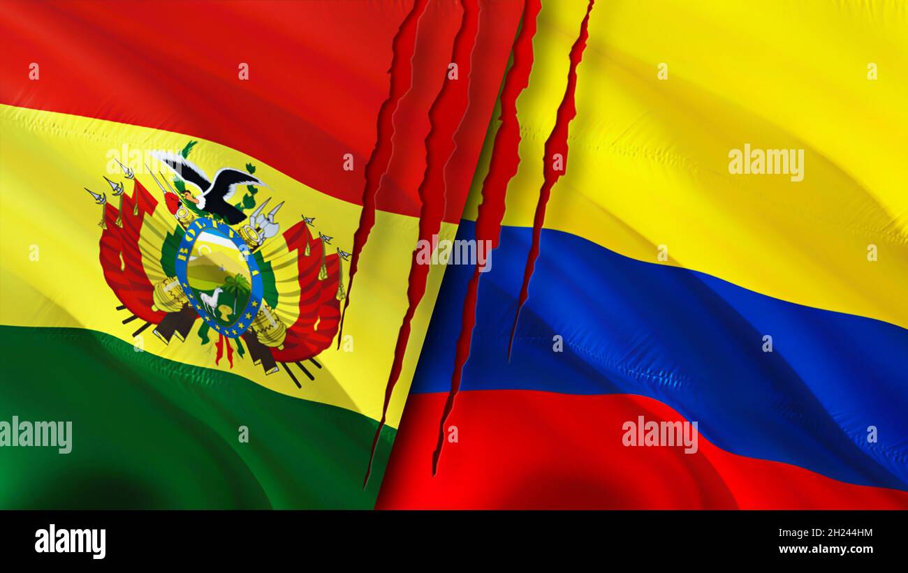 Bandiere della Bolivia e della Colombia con il concetto di cicatrice. Flag di ondulazione,rendering 3D. Concetto di conflitto in Colombia e Bolivia. Bolivia Colombia relazioni concetto. fla Foto Stock