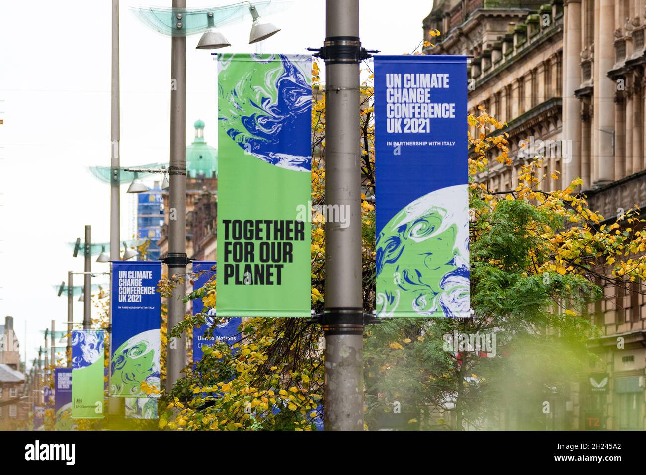 Banner COP26 per la Conferenza delle Nazioni Unite sui cambiamenti climatici, Glasgow, Scozia, Regno Unito Foto Stock