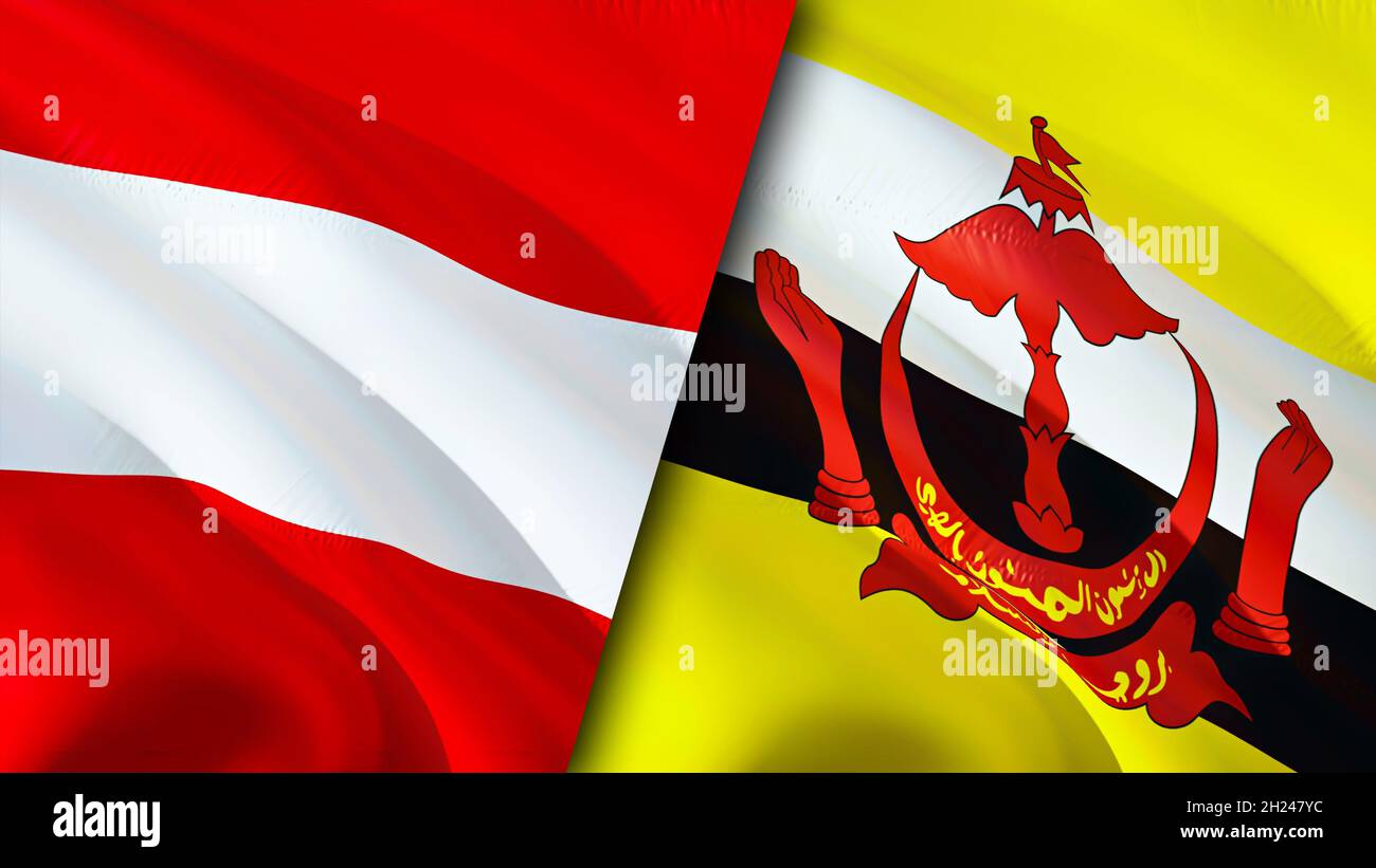 Bandiere di Austria e Brunei. Progettazione di bandiere ondulate 3D. Austria bandiera Brunei, foto, carta da parati. Austria vs. Immagine Brunei,rendering 3D. Austria Brunei relatio Foto Stock