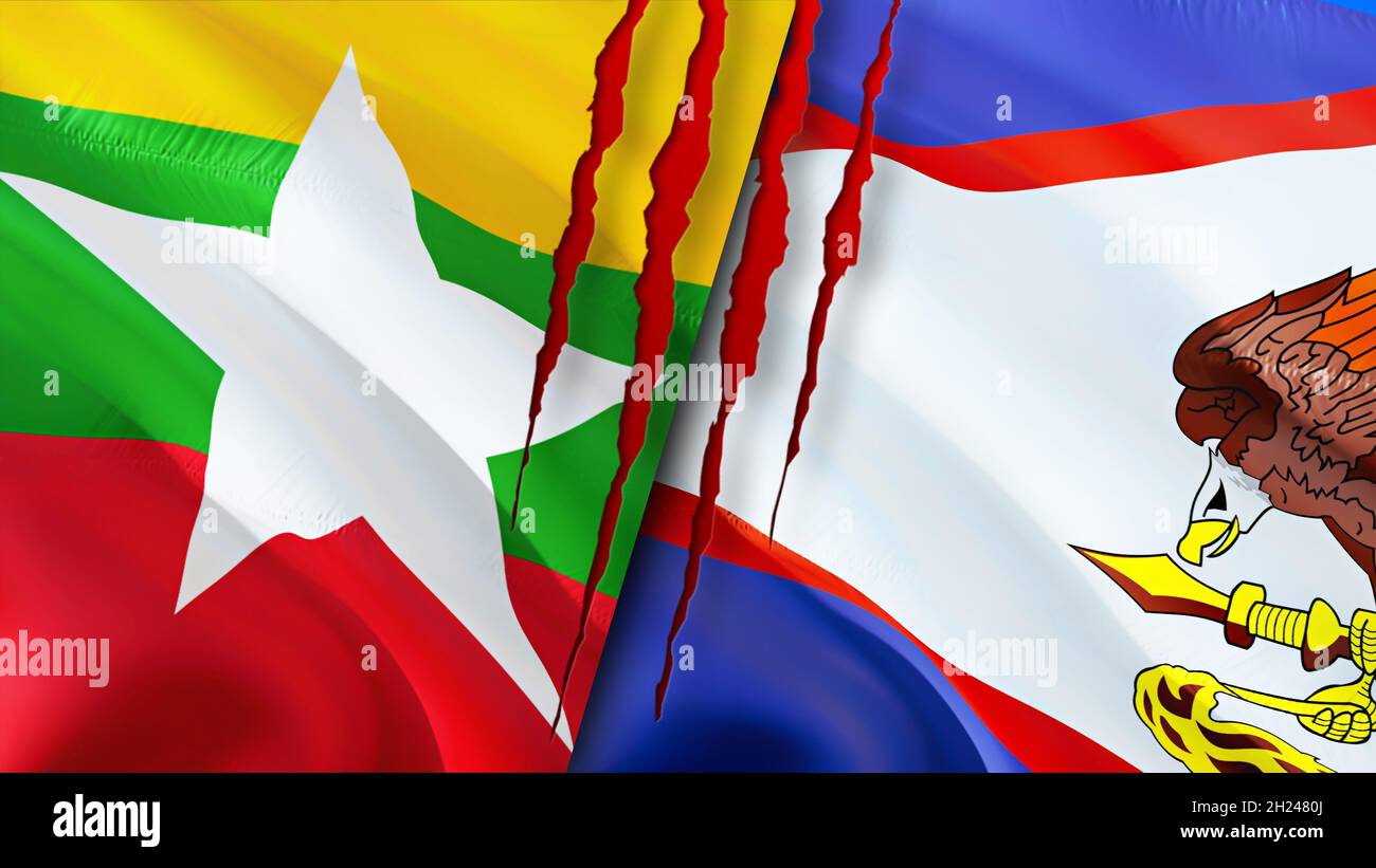 Bandiere di Myanmar e Samoa americane con concetto di cicatrice. Flag di ondulazione,rendering 3D. Samoa Americane e Myanmar conflitto concetto. Myanmar Samoa Rela americana Foto Stock