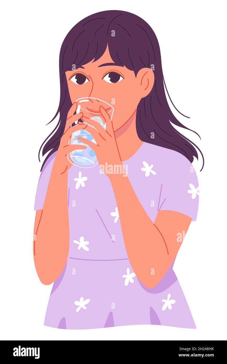 Carina bambina che beve acqua dal vetro Illustrazione Vettoriale