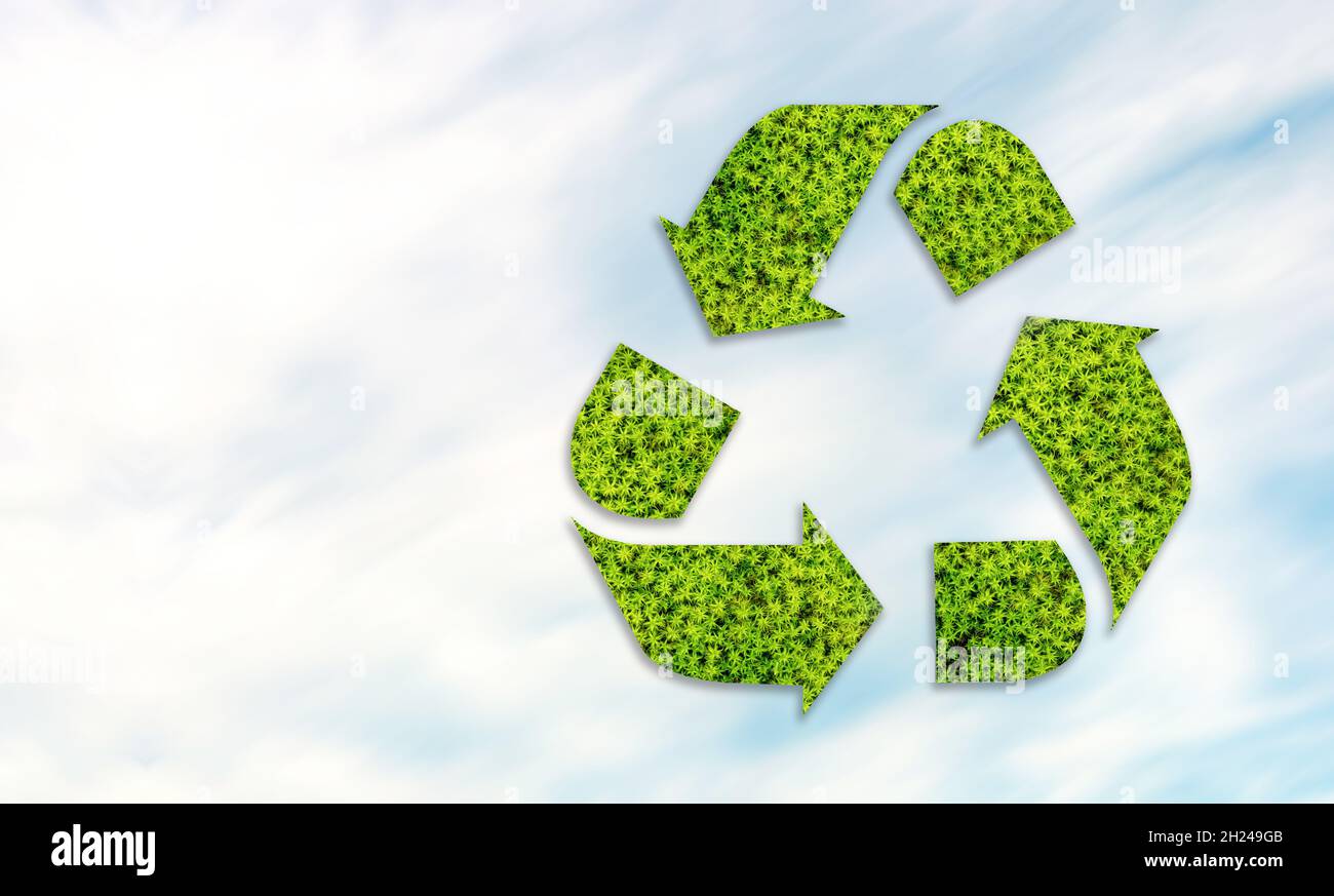 Icona di riciclaggio scherzata di erbe in primo piano. Simbolo del concetto di zero rifiuti. Foto Stock