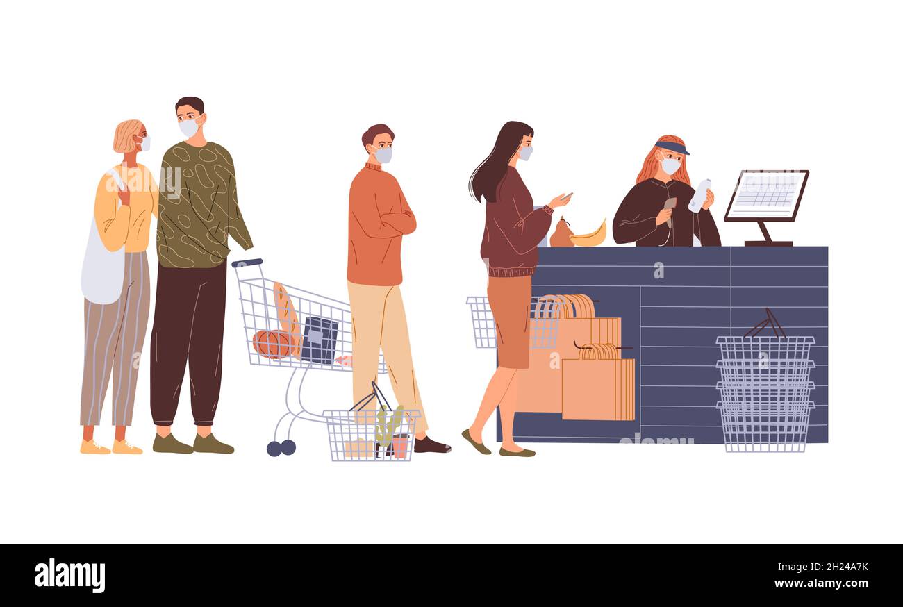 Coda di acquirenti in maschere facciali presso la cassa. Illustrazione Vettoriale