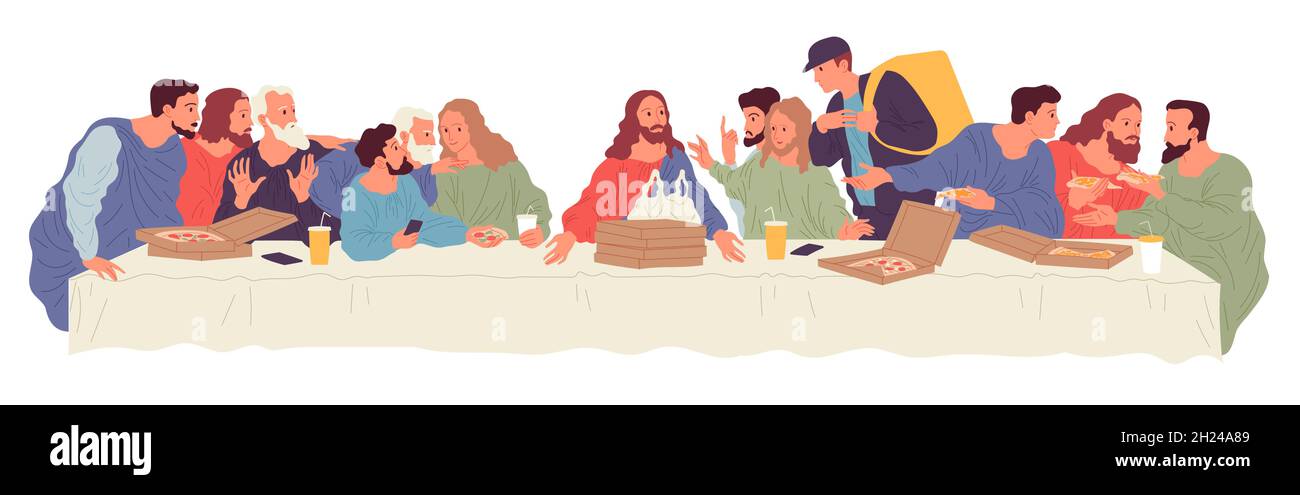 Persone sedute a tavola con cibo consegnato tramite corriere dal servizio di consegna degli alimenti. Illustrazione basata sulla pittura di Leonardo da Vinci l'ultima cena. Illustrazione Vettoriale