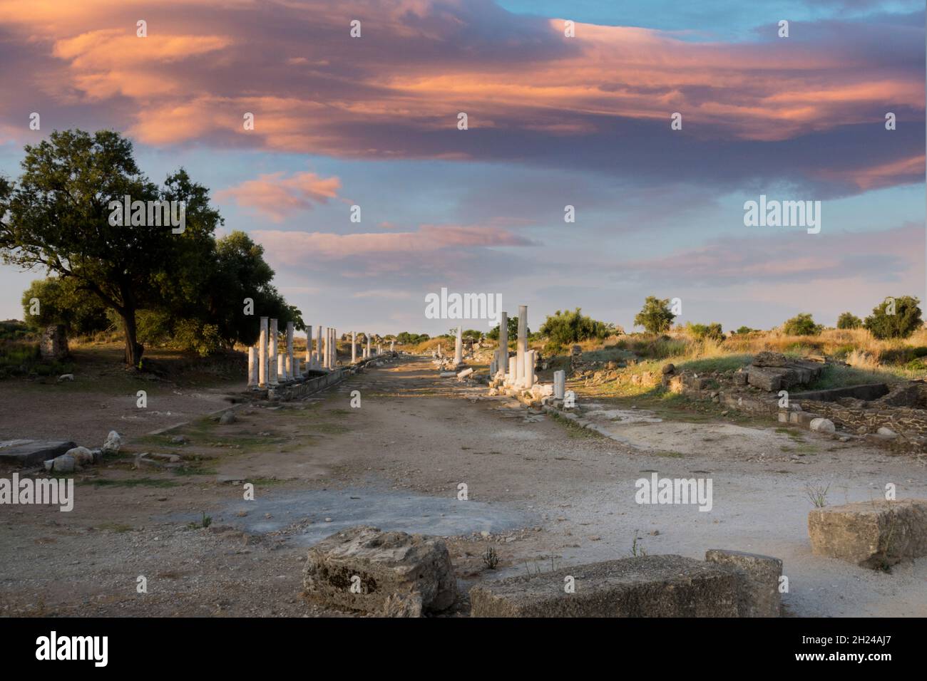 Antiche rovine della città. Side Antalya. Strada colonnata e mercato, Agora. Cielo nuvoloso al tramonto. Foto Stock