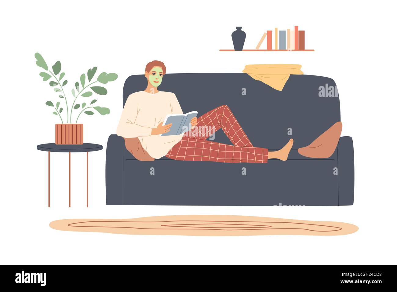 L'uomo con crema sul viso si trova sul divano e legge. Illustrazione Vettoriale