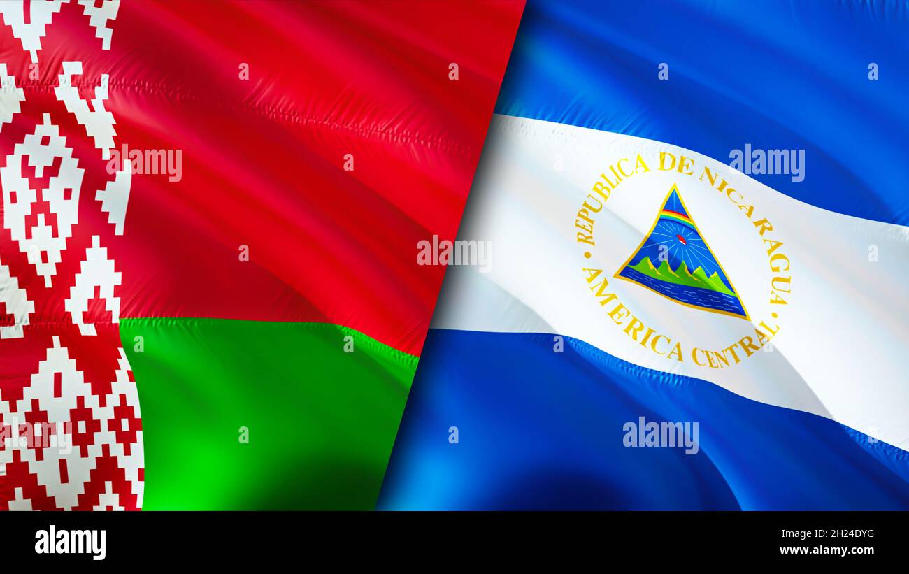 Bandiere di Bielorussia e Nicaragua. Progettazione di bandiere ondulate 3D. Nicaragua bandiera Bielorussia, foto, carta da parati. Immagine Bielorussia vs Nicaragua, rendering 3D. Bielorussia Nicar Foto Stock